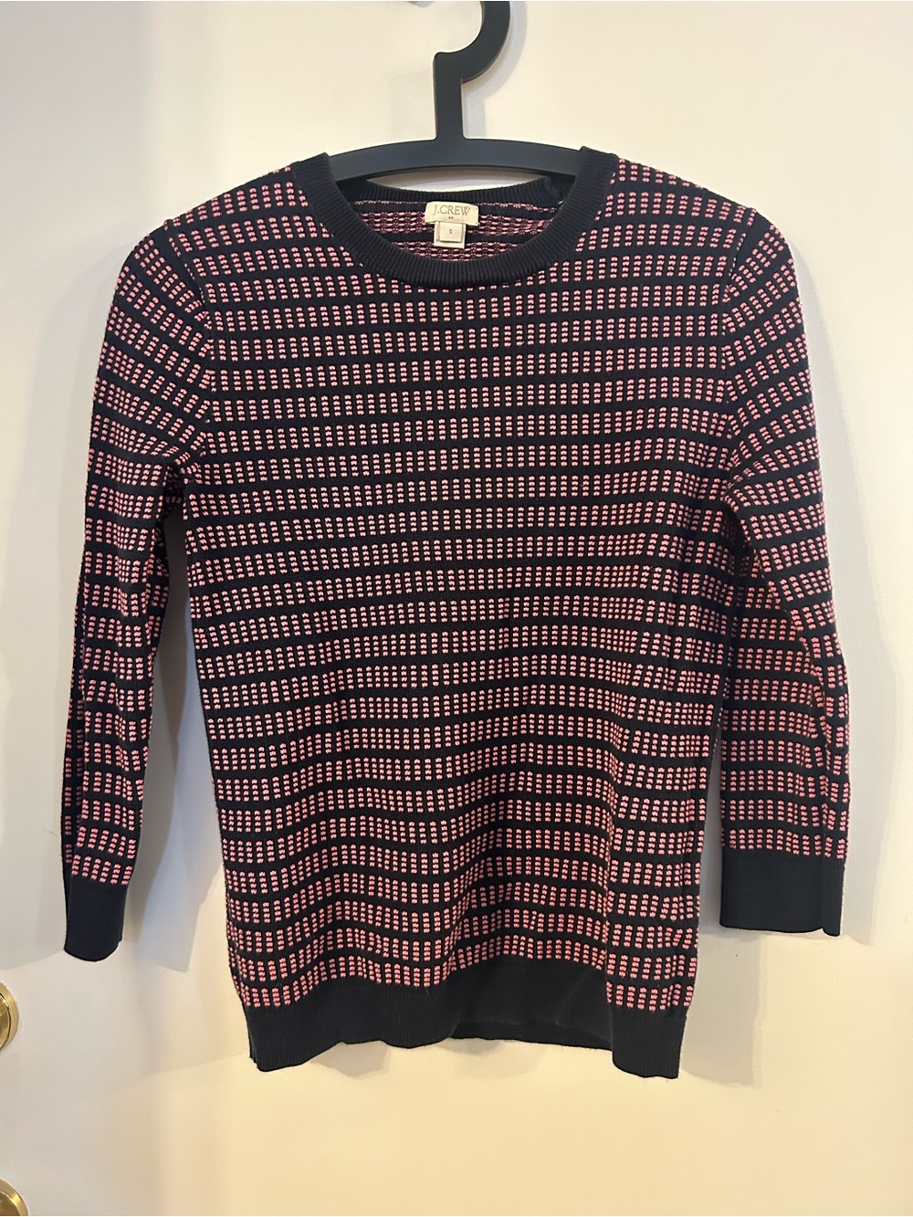 J.Crew Women’s Navy Blue and  Pink Geometric Grid Cotton Light Weight Sweater Si